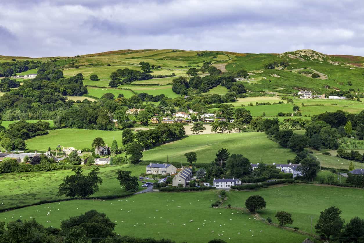 Green hills dotted with houses and farm animals.
