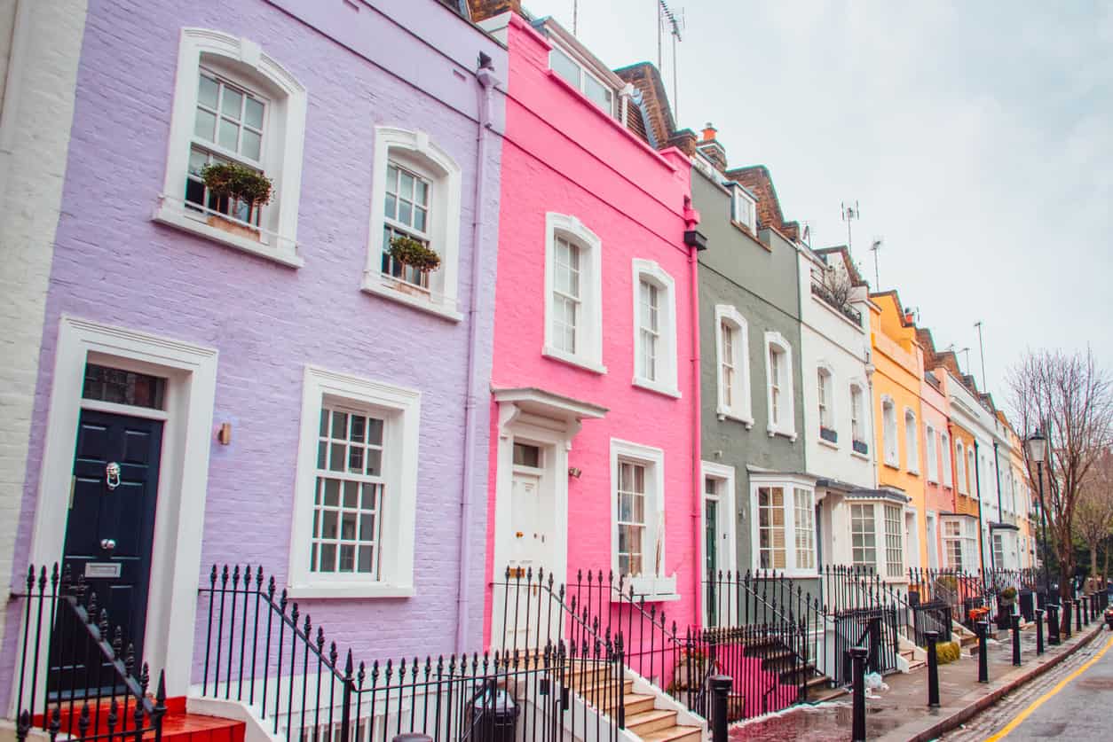 Coloured houses on a street in Notting Hill